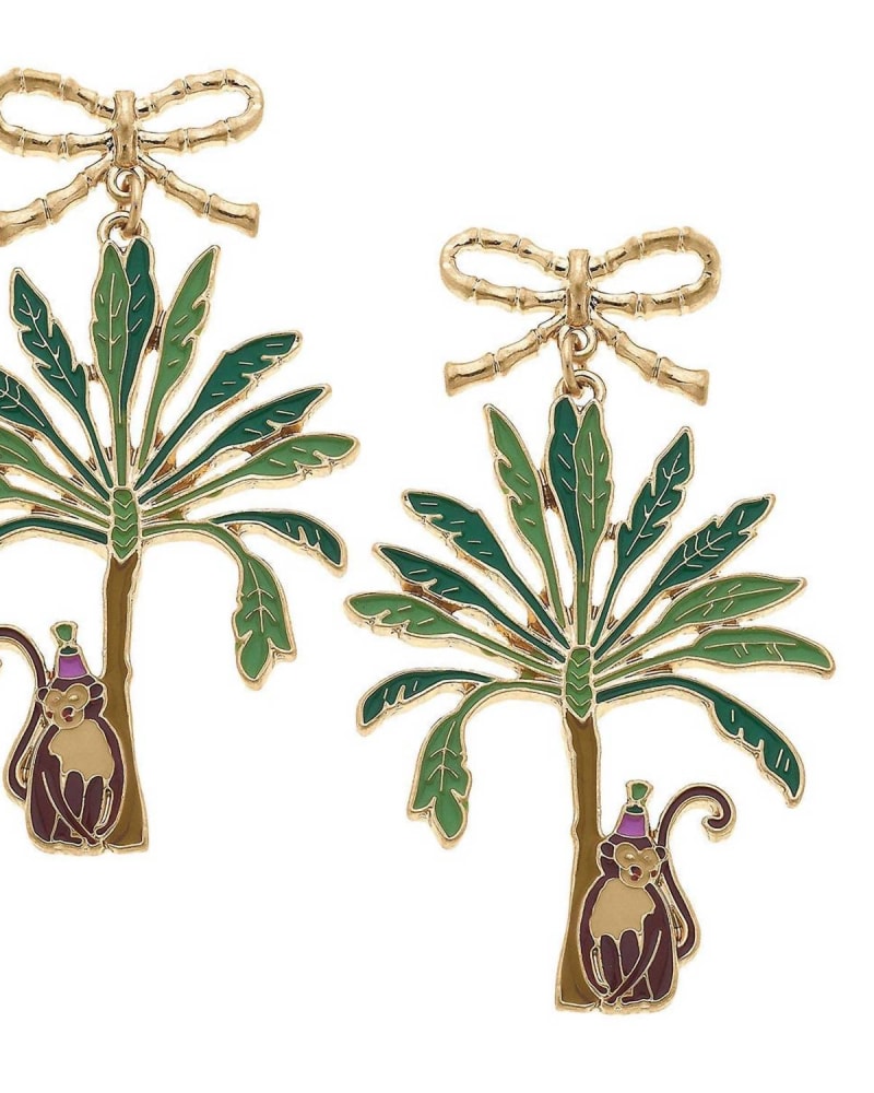 Front of a size O/S Women'S Henley Enamel Monkey With Palm Tree Earrings in Green/Brown in Green/Brown by CANVAS Style. | dia_product_style_image_id:331243